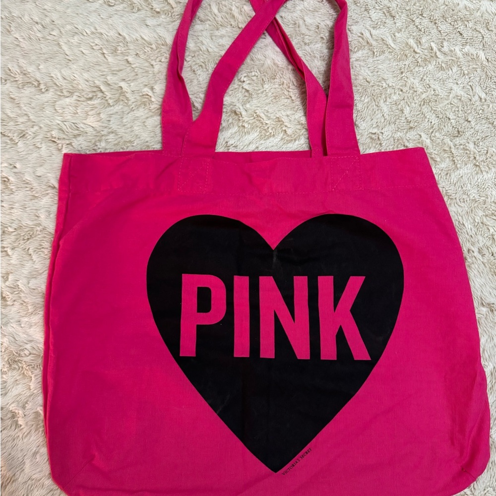 PINK Victoria's Secret Hot Pink Tote with Black Heart Logo
